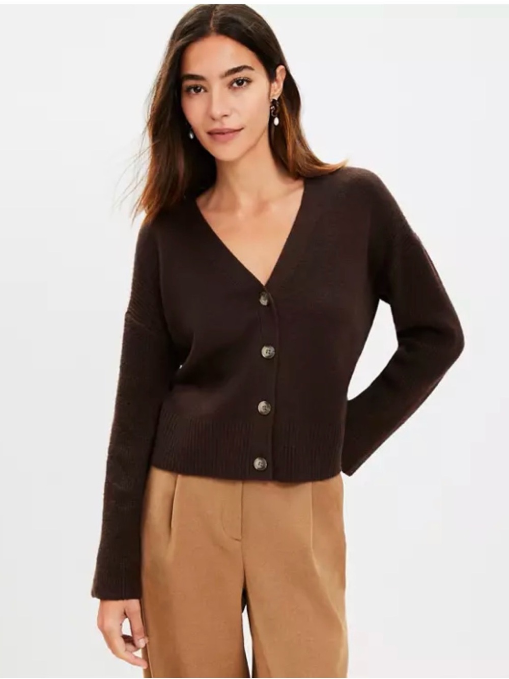 LOFT Ribbed Sleeve Brown V-Neck Button Cardigan size small